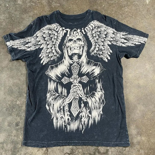 欧美风T恤翅膀骷颅afflittion复古印花高街街头潮流暗黑做旧上衣