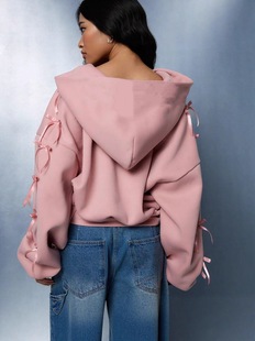 加绒宽松外套 洋气连帽长袖 拉链 卫衣蝴蝶结运动休闲短款 欧美女装