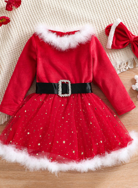 欧美风女孩新款连衣裙圣诞节绒布长袖星星网纱童裙公主裙蝴蝶结