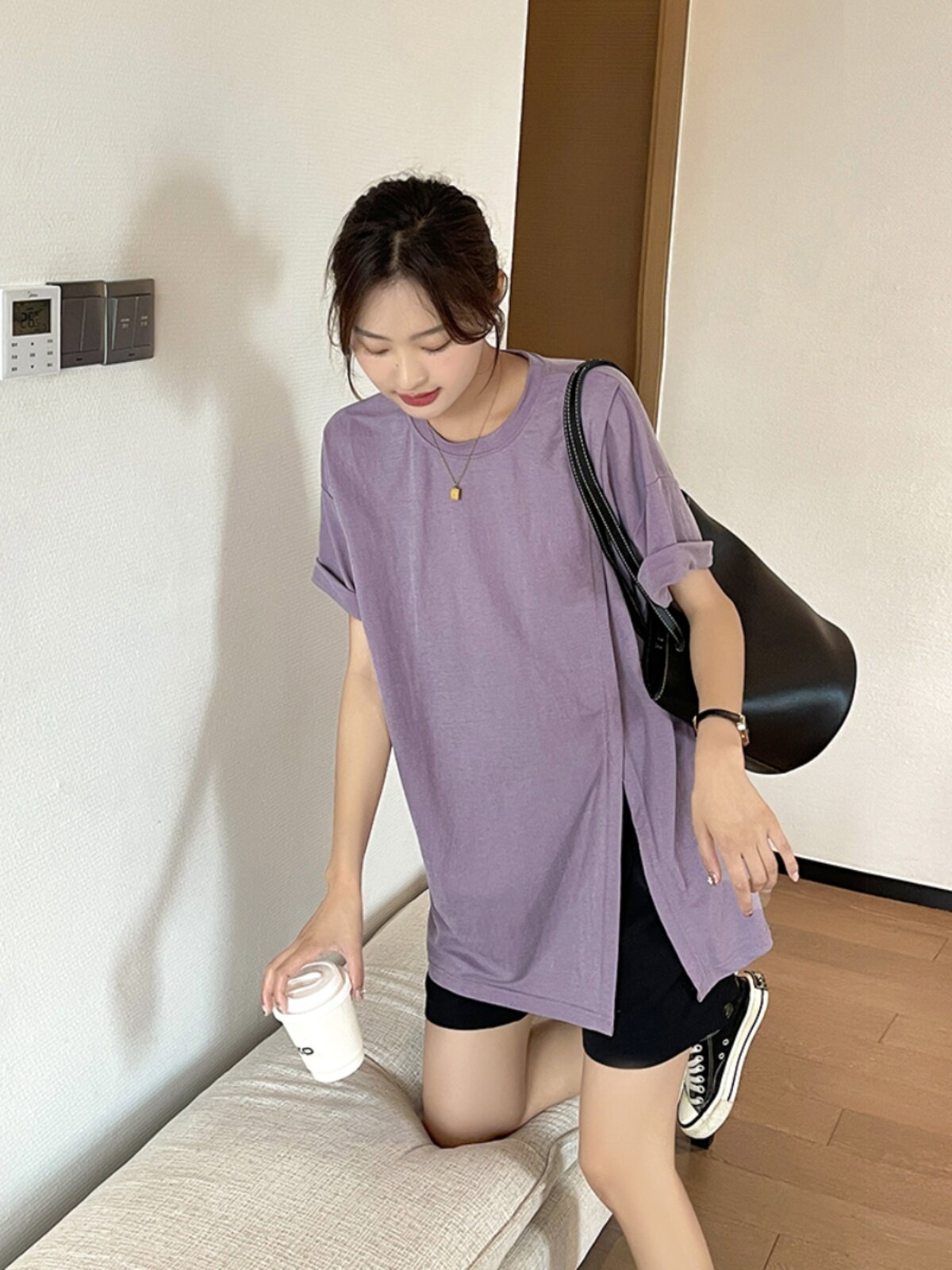 임산부 상의 여름 짧은 큐프로 실크 여름 시원한 슬릿 탑 + 가볍고 구김없는 체크 팬츠 정장