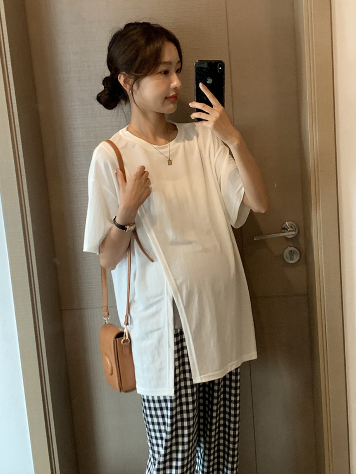 임산부 상의 여름 짧은 큐프로 실크 여름 시원한 슬릿 탑 + 가볍고 구김없는 체크 팬츠 정장