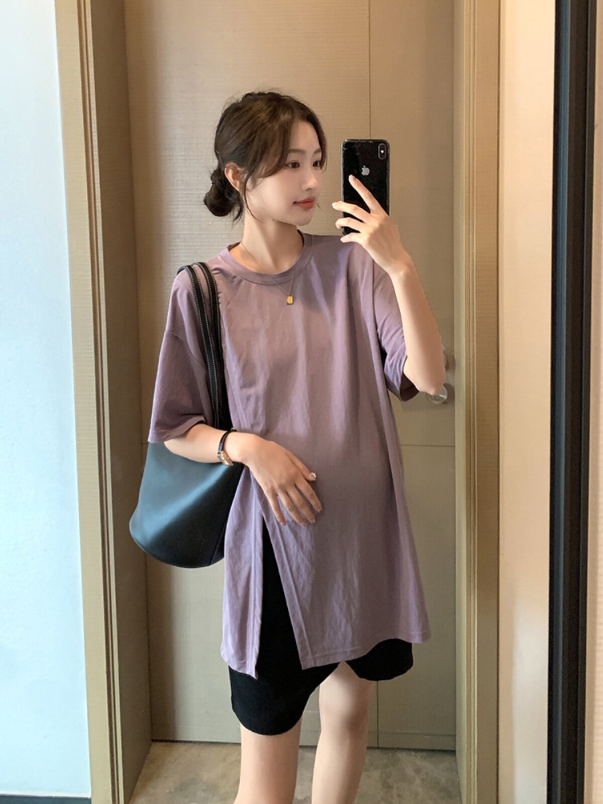 임산부 상의 여름 짧은 큐프로 실크 여름 시원한 슬릿 탑 + 가볍고 구김없는 체크 팬츠 정장