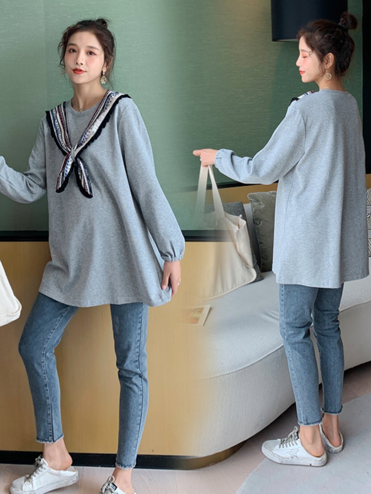 임산부상의 짧은 가을옷 임신 초기 및 후기 네이비 칼라 한국식 긴팔 가을 루즈한 임산부 스웨트셔츠
