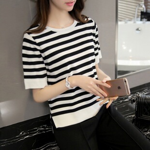 针织上衣 青年少女洋气时尚 女士体恤2026新款 韩条纹宽松显瘦短袖