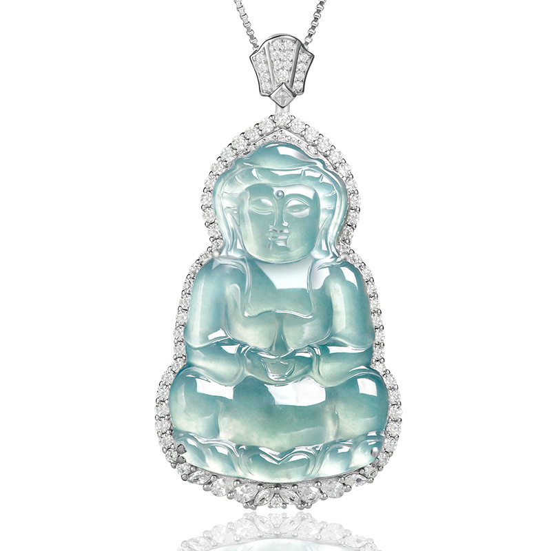 天然A货翡翠高冰蓝水观音冰种玉石吊坠S925银镶嵌男女款挂件玉坠