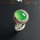 冰种满色阳绿翡翠戒指女缅甸蛋面裸石翡翠处理925银镶嵌附证书