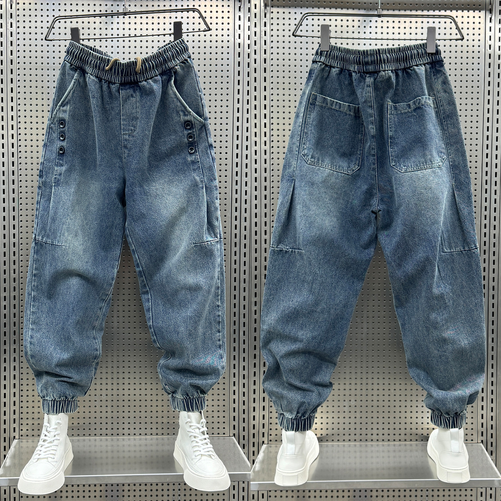 潮流韩版痞帅束脚牛仔裤男士2025秋冬水洗磨白宽松哈伦扣子休闲裤