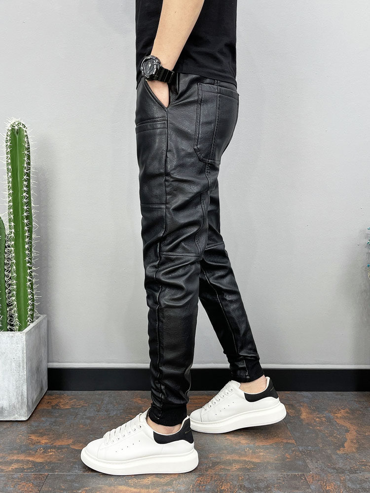 겨울 남성 벨벳 두꺼운 가죽 바지 오토바이 청소년 유행 브랜드 6 포켓 따뜻한 레깅스 테이크 아웃 방풍 및 방수 바지