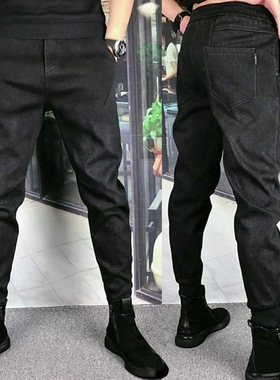 秋冬男士加绒加厚小脚休闲牛仔裤韩版弹力修身精神小伙黑色束脚裤