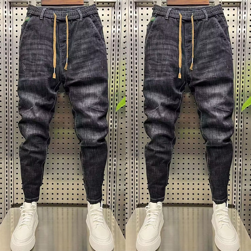 秋冬松紧腰牛仔裤修身小脚裤韩版潮流弹力黑色男士时尚百搭长裤子