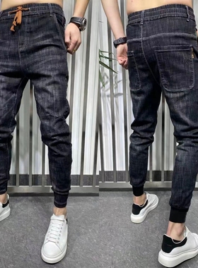 秋冬新款牛仔裤男弹力加绒黑色束脚裤网红精神小伙潮流休闲小脚裤