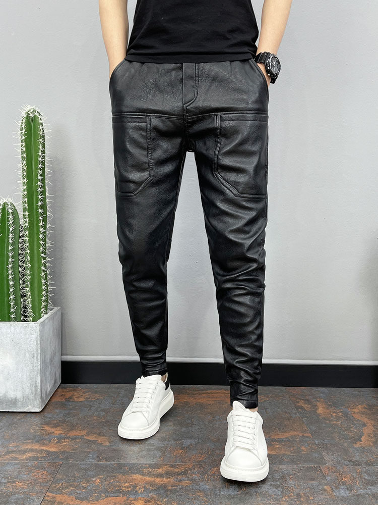 겨울 남성 벨벳 두꺼운 가죽 바지 오토바이 청소년 유행 브랜드 6 포켓 따뜻한 레깅스 테이크 아웃 방풍 및 방수 바지