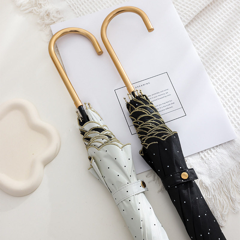 波点花边刺绣手动长柄伞黑胶防紫外线太阳伞直杆伞便携雨晴两用伞
