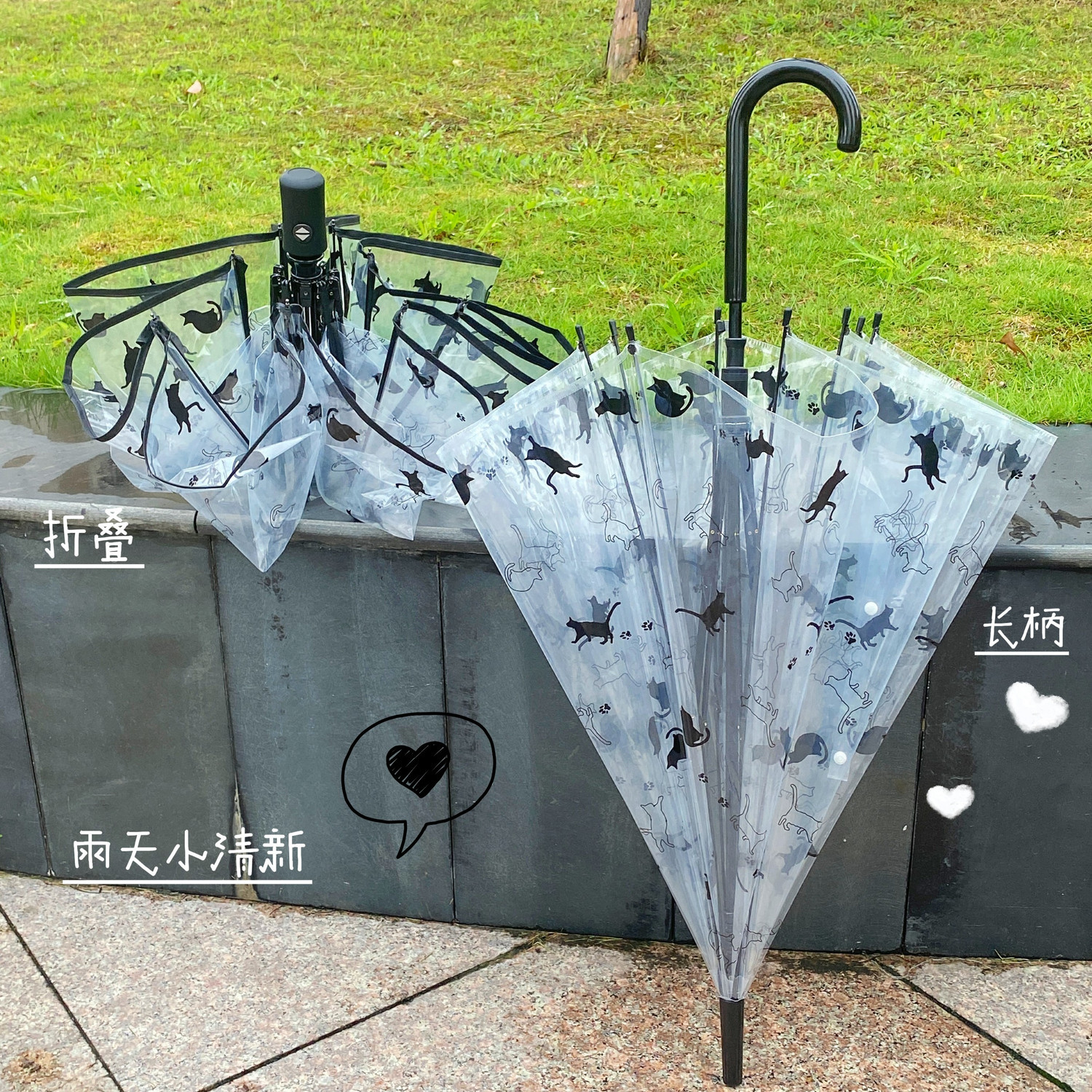 日系黑猫物语雨伞折叠透明小清新
