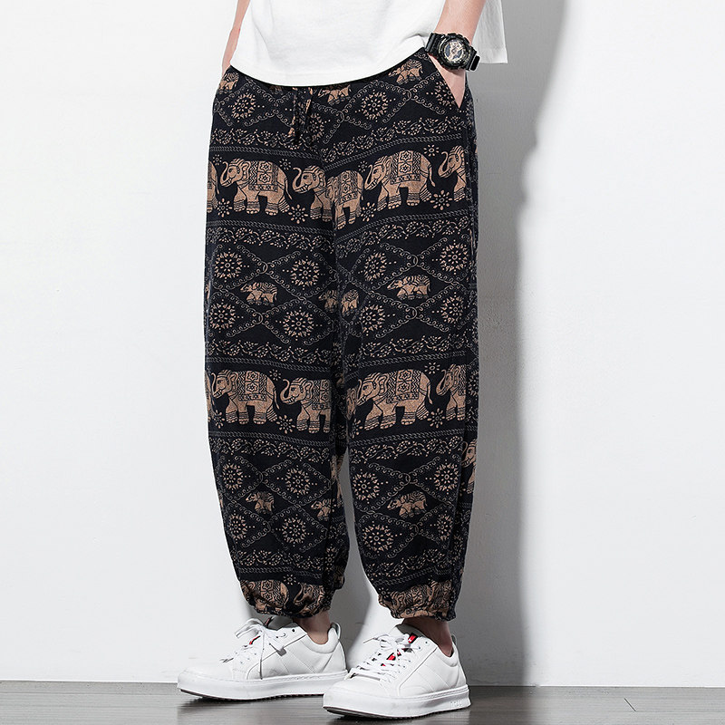 泰国大象印花休闲裤男士沙滩春秋四季穿的裤子黑白花纹宽松民族风