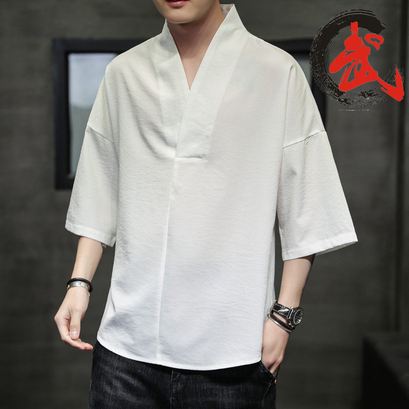 抗皱七分袖T恤男汉服内衫v领冰丝打底衫上衣内衬宽松透气内搭薄款