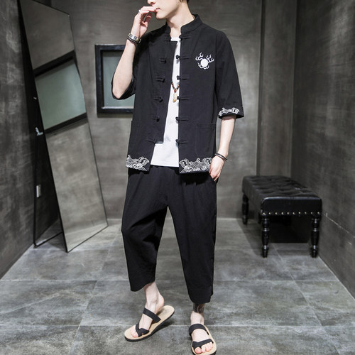 唐装亚麻套装中国风男短袖民族服