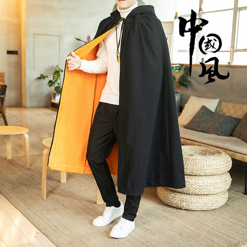 中式唐装加绒加厚斗篷中国风男装披风演出服外套禅修古装汉服长衫