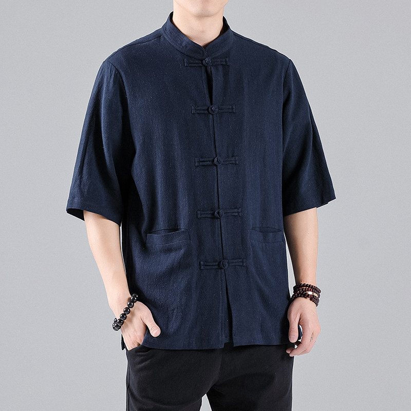 夏季薄款短袖衬衫男士中国风中式盘扣唐装休闲工装衬衣禅修居士服
