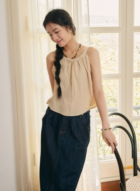 DFD 自然系 复古百搭内搭宽松短款度假风米色挂脖吊带无袖背心女