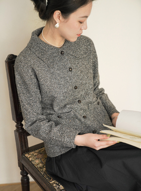 DFD 栗子慕斯 法式复古面包扣羊毛混纺花色纱翻领开衫针织外套女