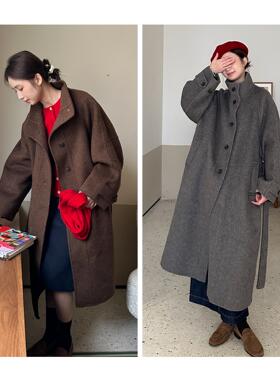 DFD 优雅复古灰色棕色单排扣两色慵懒松弛感羊毛双面尼长款大衣女