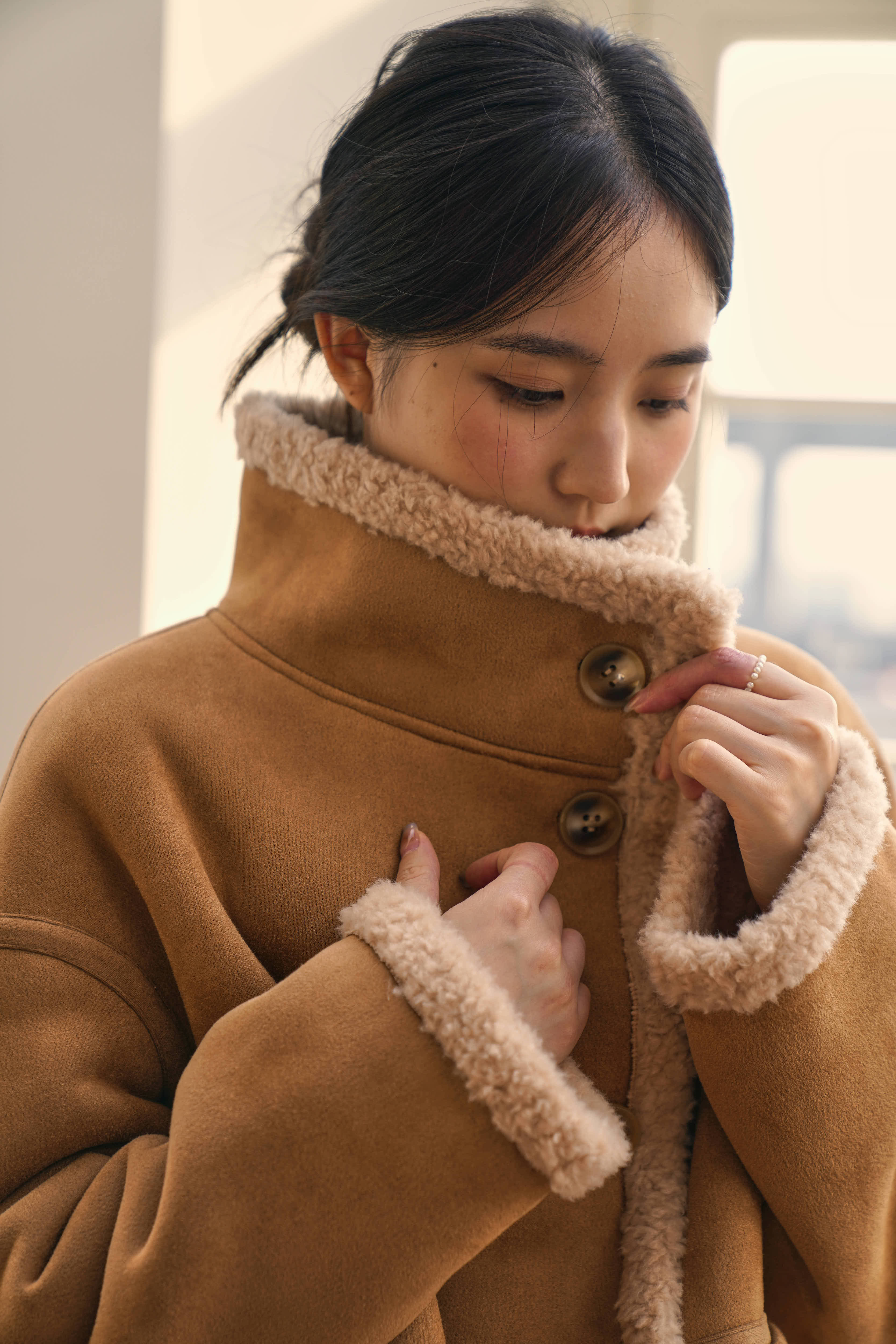 DFD棉花糖 美拉德皮毛一体麂皮绒卡其色羊毛羊羔毛大衣外套女