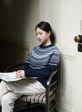 DFD 费尔岛提花 复古英伦风花纹100%纯羊毛藏青色复古套头毛衣女