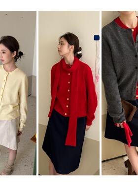 DFD 冬日三重奏 100羊毛温暖三色圆领围巾针织开衫毛衣套装女