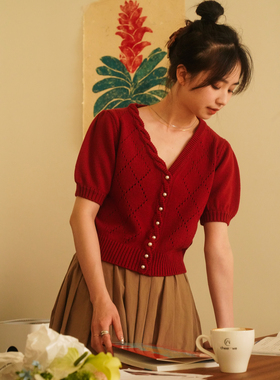 DFD 酒红芥末绿复古法式短款v领泡泡袖麻花珍珠扣短袖针织T恤女夏