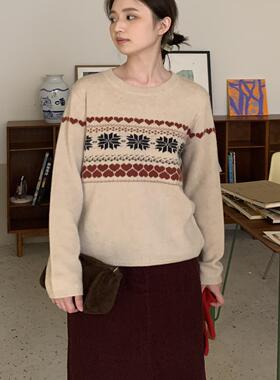 DFD 费尔岛圣诞周 复古圆领提花米杏羊毛混纺针织长袖套头毛衣女