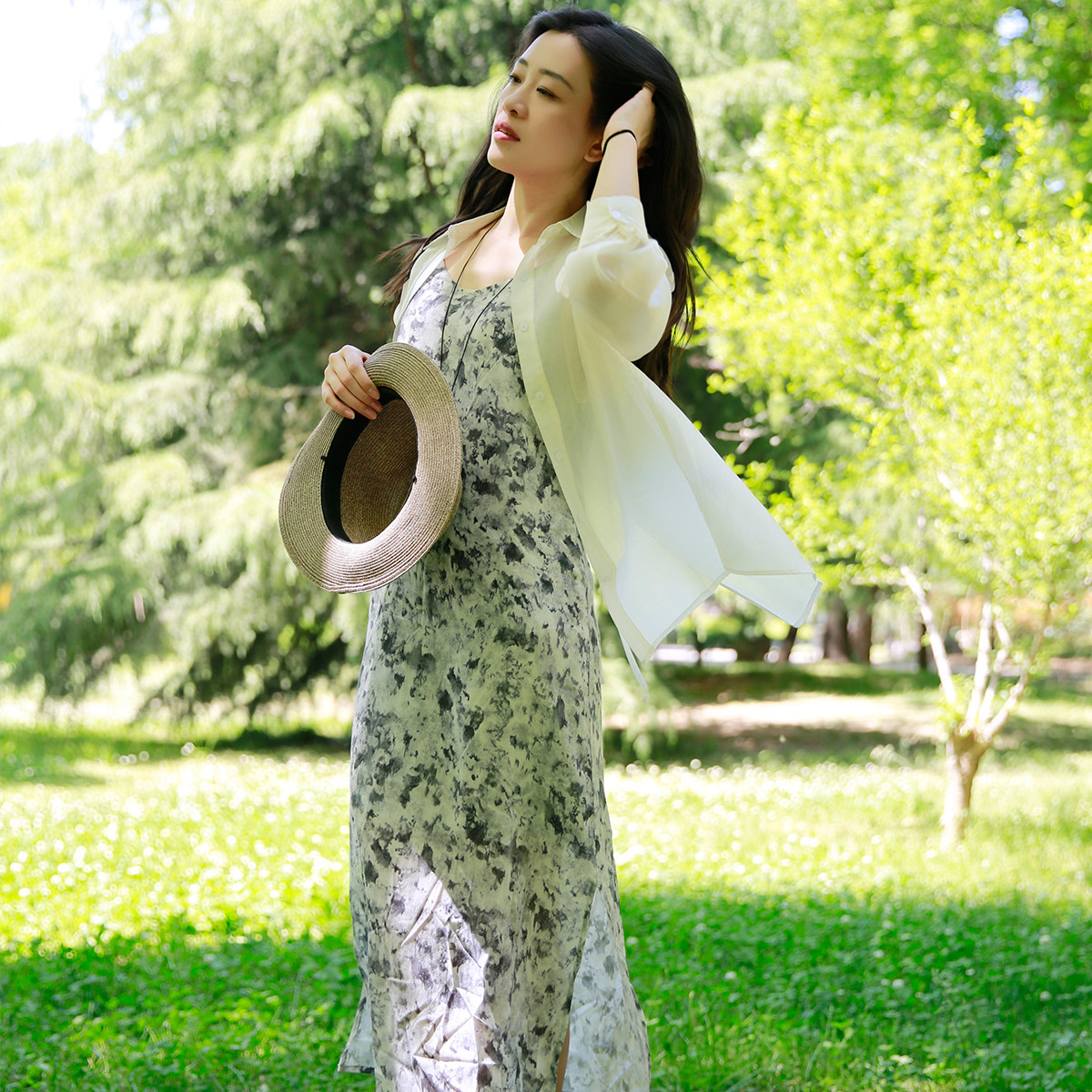 水墨吊带连衣裙夏季女士100%天丝设计感气质慵懒风A字中长裙