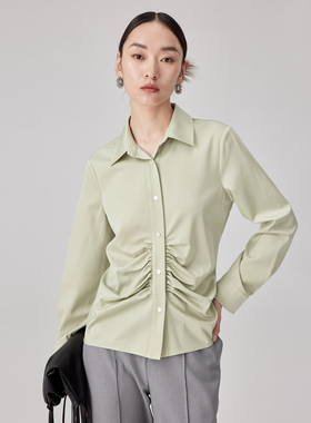 BLANK LABEL 极简高级光泽感醋酸缎面面料黑色褶皱长袖衬衫女秋季