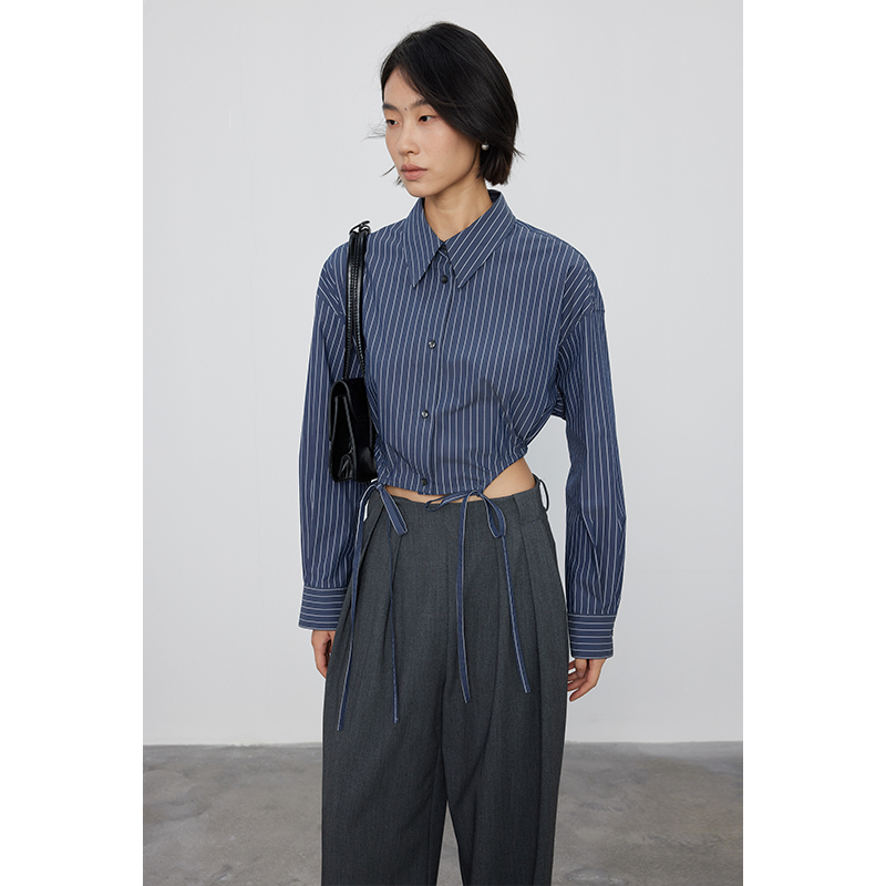 宽肩精纺棉抽绳短款蓝白条纹衬衫