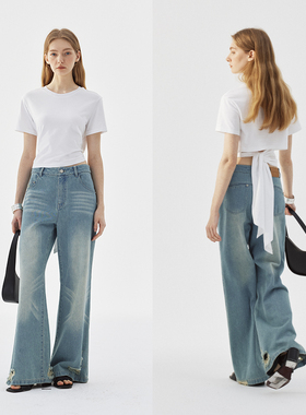 BLANK LABEL32支精梳棉密根蚀毛解构系带短袖T恤女夏白色小衫上衣