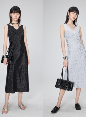 BLANK LABEL 法式极简吊带裙黑色无袖长裙显瘦挂脖连衣裙女夏季