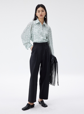 BLANK LABEL 极简高级莱赛尔纤维斜纹面料黑色锥形垂感西装裤女夏