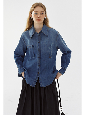 BLANK LABEL100新疆棉斜纹长袖渐变色水洗牛仔衬衫女秋季复古上衣