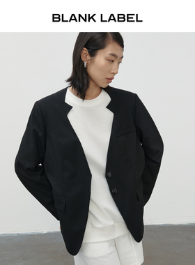 BLANK LABEL极简高级宽松镂空领长袖黑色西装外套女休闲西服秋季