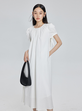 BLANK LABEL极简高级感后领U型镂空白色抽皱云朵袖连衣裙气质长裙
