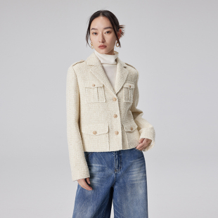 高级浮雕扣羊毛金丝花纱工装 廓形小香风外套女秋夹克 LABEL BLANK