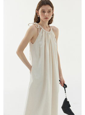 BLANK LABEL莱赛尔棉麻混纺挂脖连衣裙女夏季新款a字亚麻吊带裙子