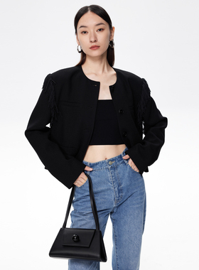BLANK LABEL 极简高级编织纹肌理流苏黑色小香风西装外套女早秋