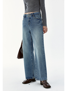 BLANK LABEL肌理感牛仔裤女2025秋冬直筒阔腿裤复古摩登休闲长裤