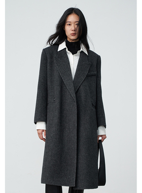 BLANK LABEL黑色枪驳领羊毛绒感双面呢子大衣女冬季长款毛呢外套