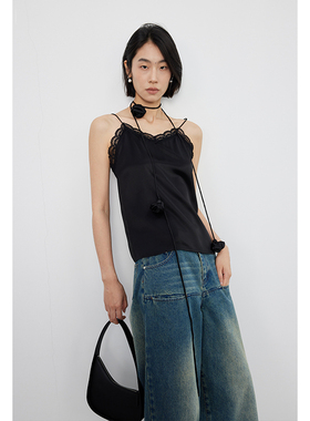 BLANK LABEL 重磅醋酸缎面黑色蕾丝V领吊带背心女夏质感内搭上衣