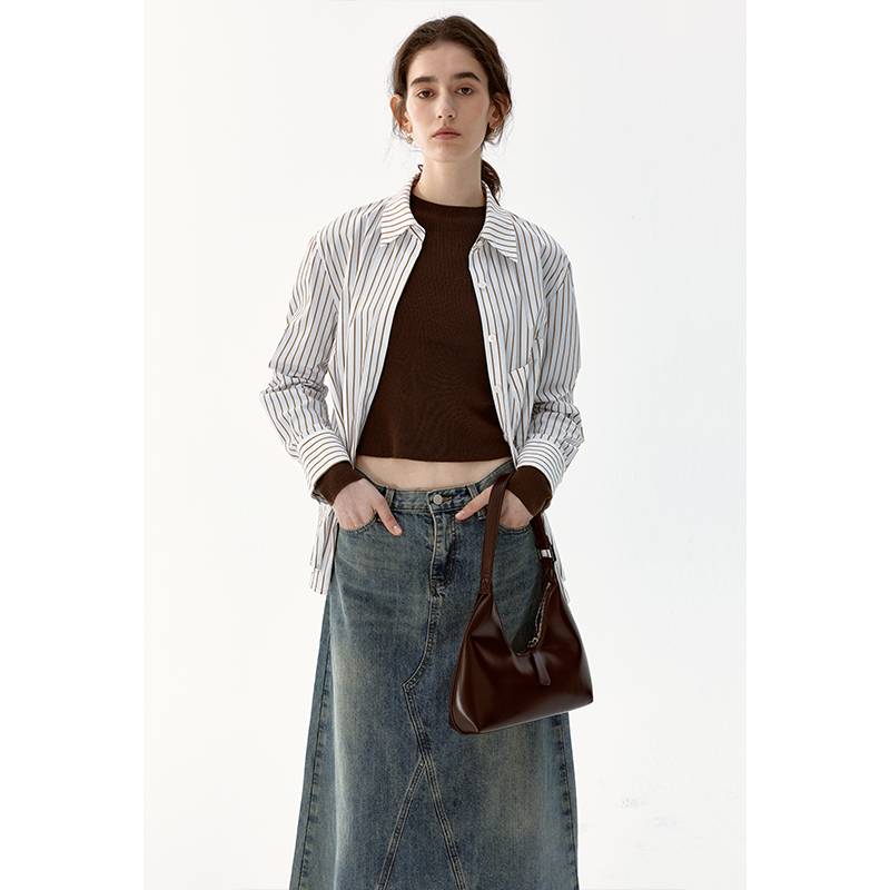 棉感卡其条纹长袖衬衫女
