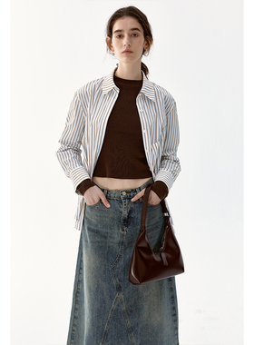 BLANK LABEL棉感卡其条纹长袖衬衫女秋新款宽松上衣短款防晒外套