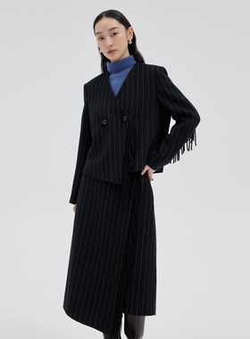 BLANK LABEL简约条纹流苏羊毛单面呢西装外套女秋冬短款黑色西服