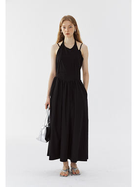 BLANK LABEL莱赛尔亚麻混纺真两件吊带连衣裙女夏季露腰黑色A字裙